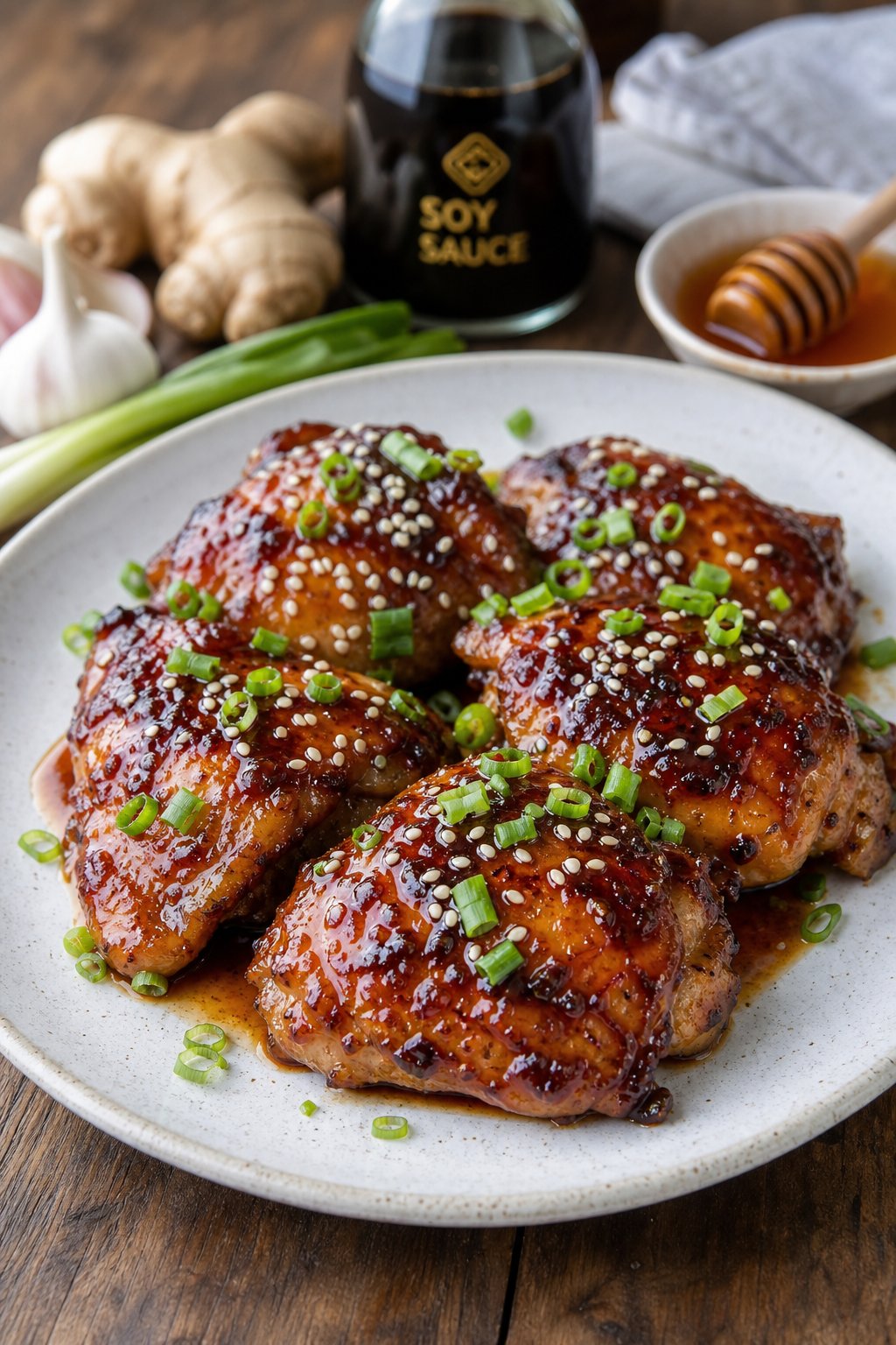 22 Easy Instant Pot Chicken Recipes for Quick Family Dinners 6 A plate of honey soy sticky chicken thighs garnished with sesame seeds and green onions on a wooden table with fresh ingredients around.
