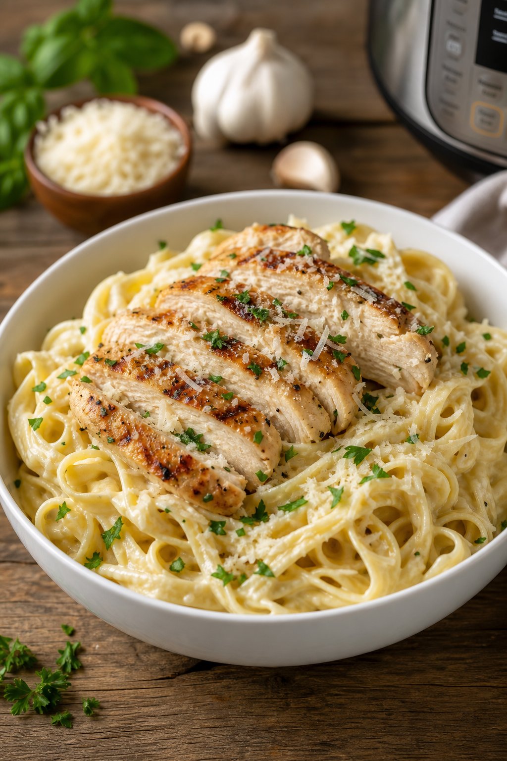 22 Easy Instant Pot Chicken Recipes for Quick Family Dinners 7 A bowl of creamy chicken Alfredo pasta garnished with parsley and Parmesan on a wooden table.