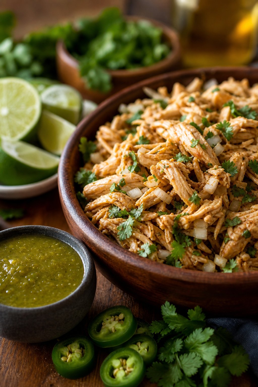22 Easy Instant Pot Chicken Recipes for Quick Family Dinners 8 A bowl of shredded chicken taco filling next to a dish of green salsa verde with fresh lime wedges and herbs on a wooden surface.