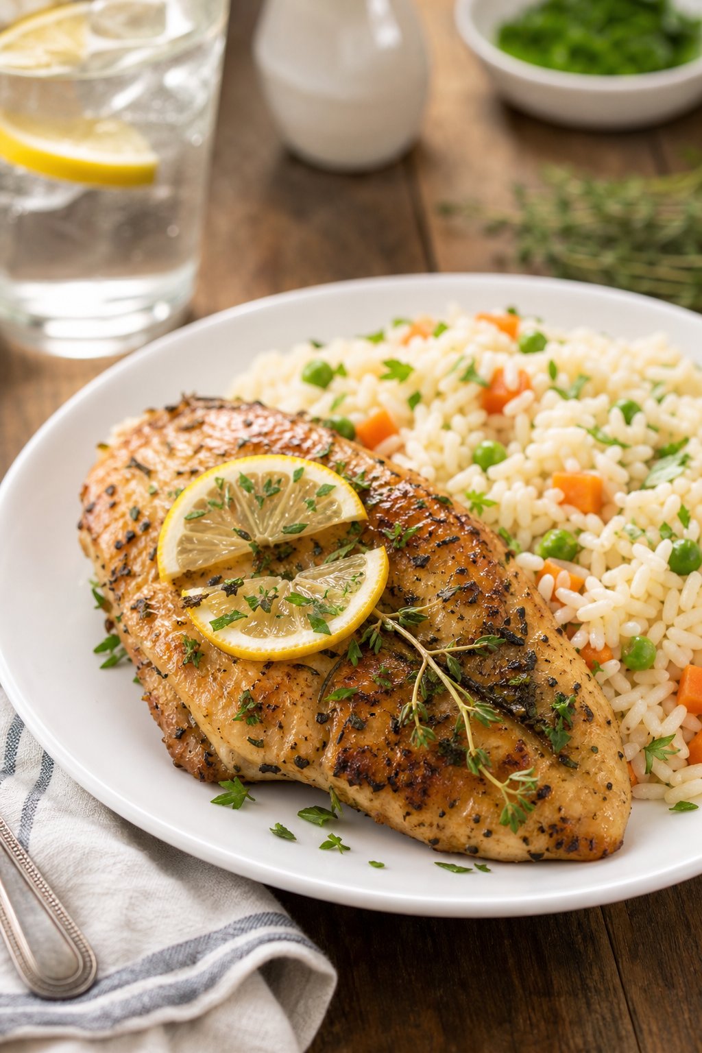 22 Easy Instant Pot Chicken Recipes for Quick Family Dinners 9 A plate of lemon herb chicken served with rice and garnished with lemon slices and herbs on a wooden table.