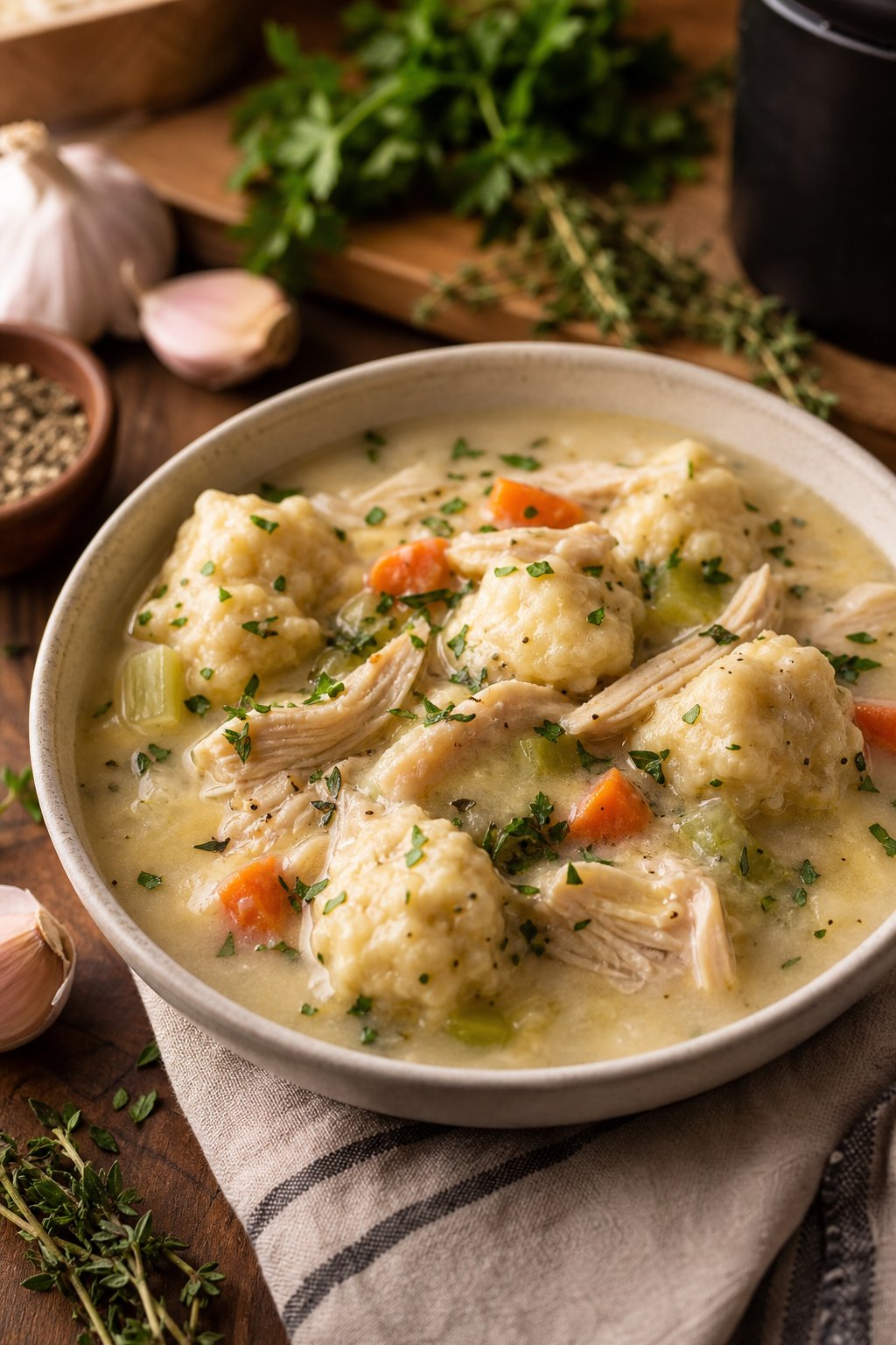 22 Easy Instant Pot Chicken Recipes for Quick Family Dinners 10 A steaming bowl of chicken and dumplings on a wooden table with fresh herbs and ingredients nearby.