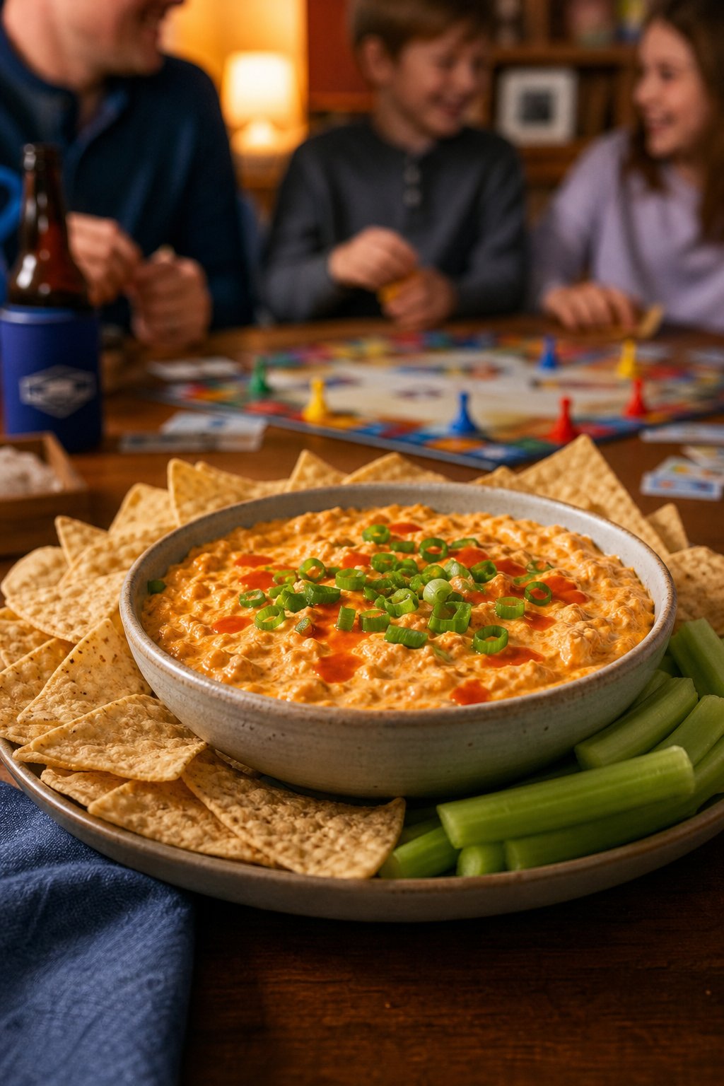 22 Easy Instant Pot Chicken Recipes for Quick Family Dinners 11 A bowl of buffalo chicken dip with tortilla chips and celery sticks on a wooden table, with a blurred family game night setup in the background.
