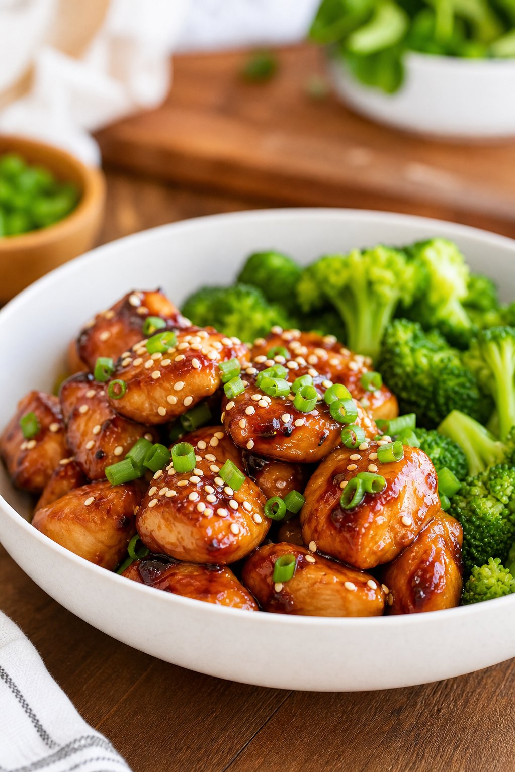 22 Easy Instant Pot Chicken Recipes for Quick Family Dinners 12 A bowl of teriyaki chicken with broccoli on a wooden table.