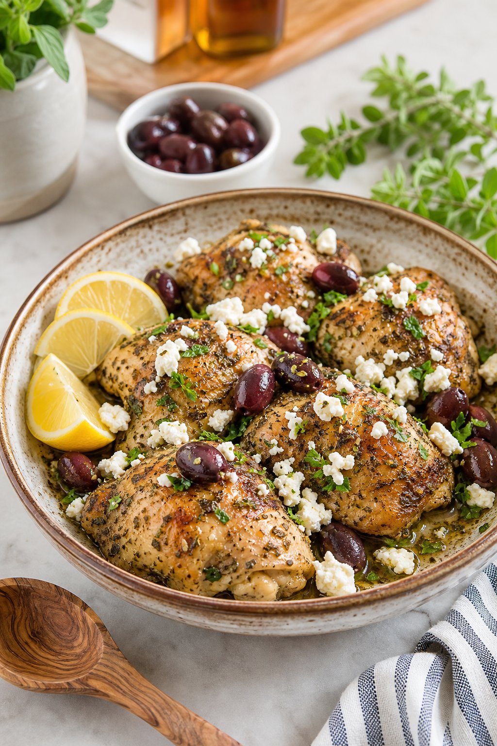 22 Easy Instant Pot Chicken Recipes for Quick Family Dinners 13 A bowl of cooked chicken with feta cheese and olives, garnished with herbs and lemon wedges on a kitchen table.