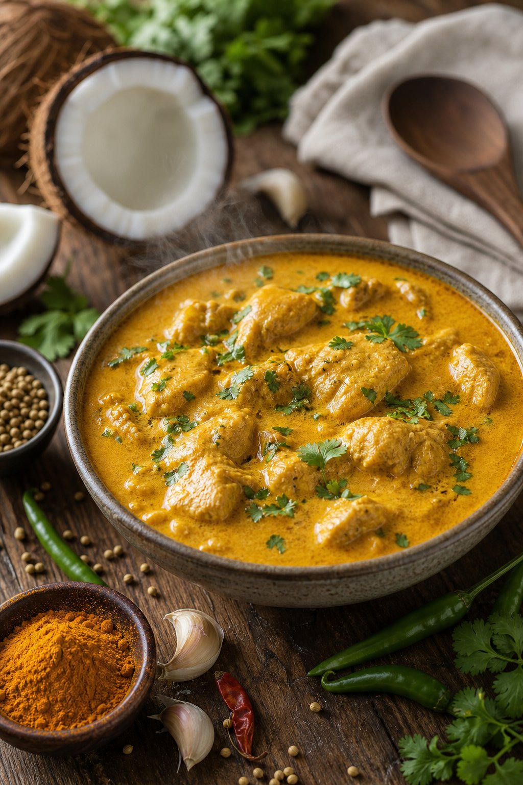 22 Easy Instant Pot Chicken Recipes for Quick Family Dinners 14 A bowl of creamy chicken curry with coconut milk garnished with cilantro on a wooden table with fresh ingredients around it.