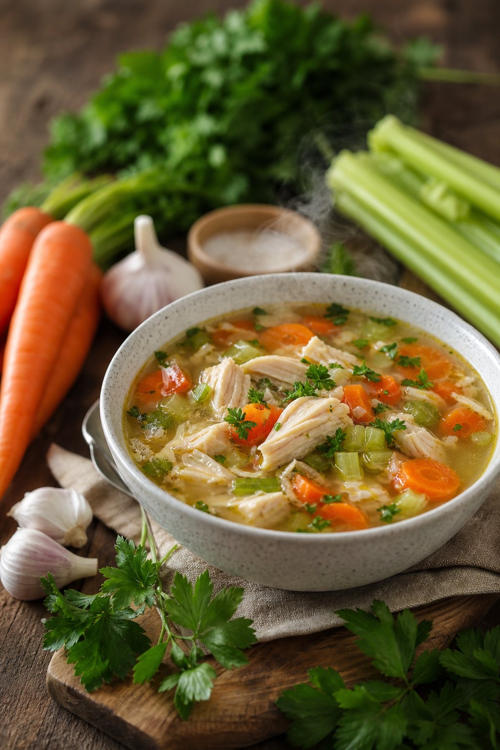 22 Easy Instant Pot Chicken Recipes for Quick Family Dinners 15 A steaming bowl of chicken and vegetable soup with fresh ingredients on a wooden table.