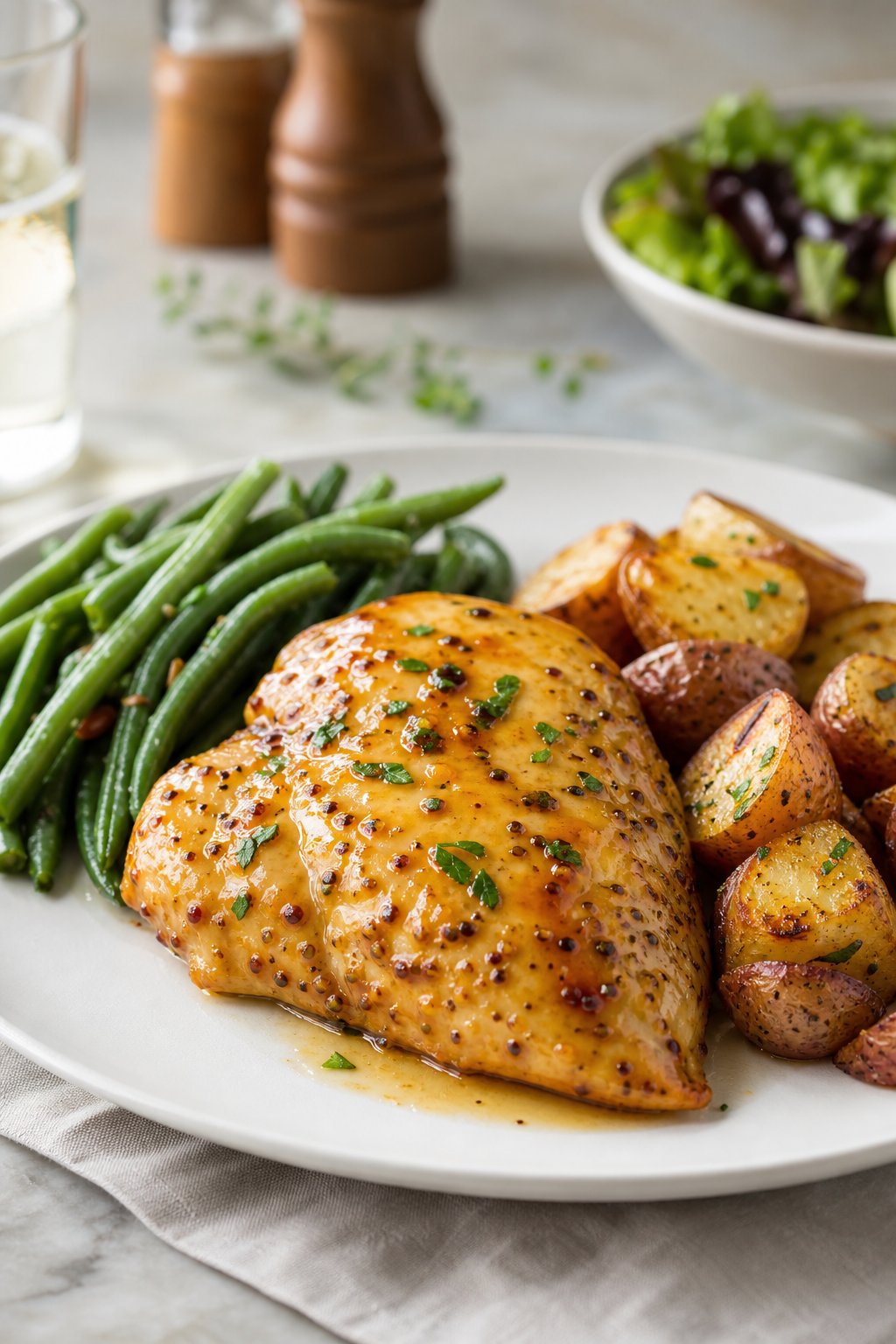 22 Easy Instant Pot Chicken Recipes for Quick Family Dinners 16 A plate with honey mustard chicken breasts, green beans, and roasted potatoes on a kitchen table.