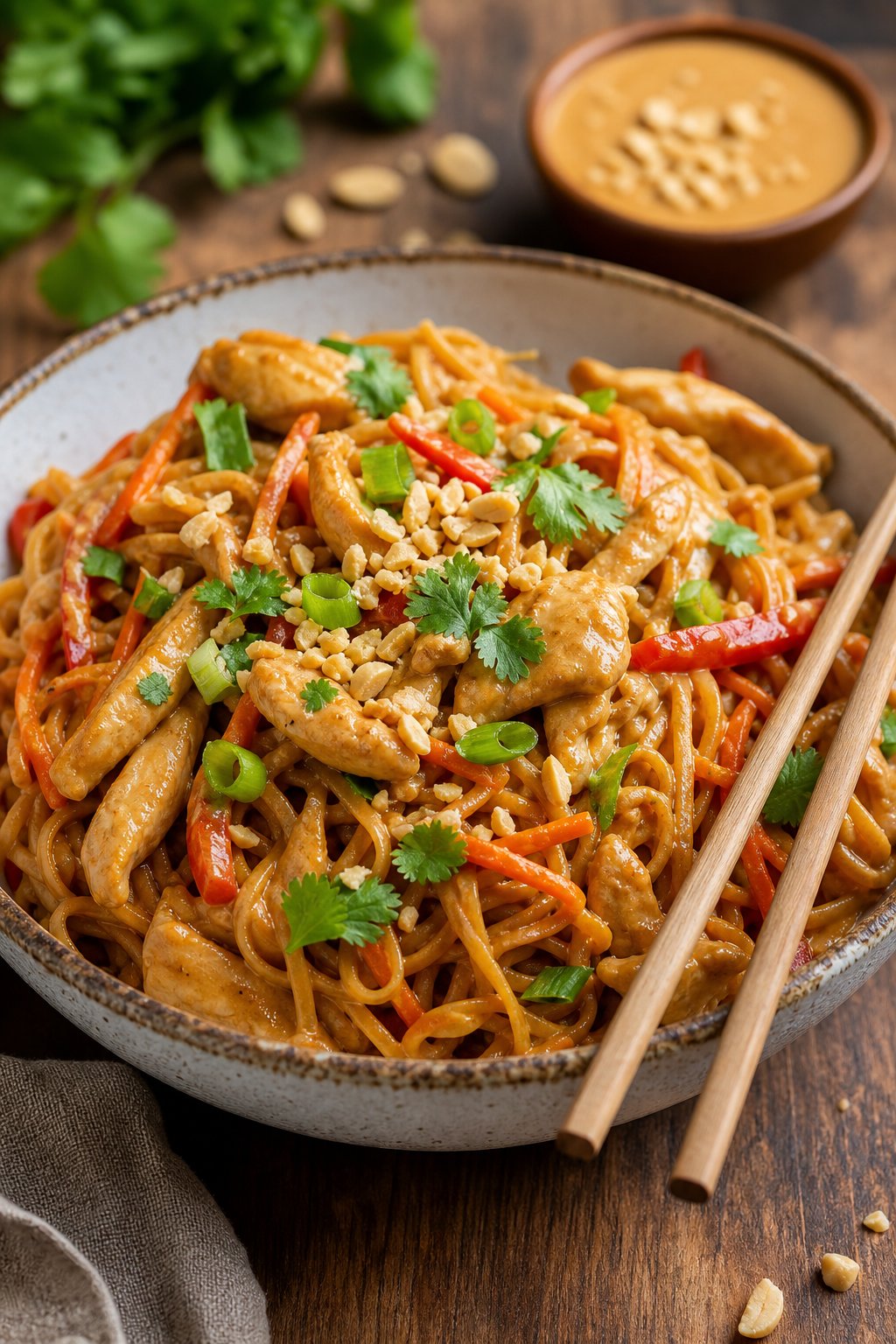 22 Easy Instant Pot Chicken Recipes for Quick Family Dinners 17 A bowl of Thai peanut chicken and noodles garnished with fresh cilantro and crushed peanuts, with chopsticks resting on the bowl on a wooden table.