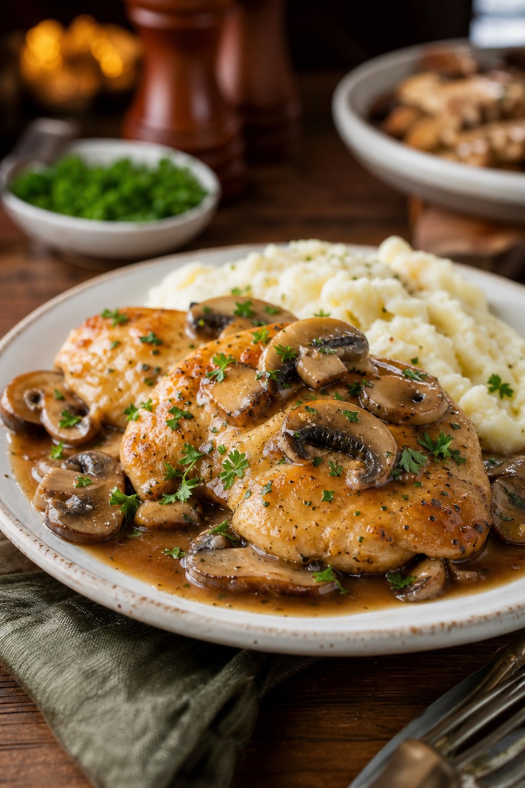 22 Easy Instant Pot Chicken Recipes for Quick Family Dinners 18 A plate of Chicken Marsala with mushrooms garnished with parsley, served with a side of mashed potatoes on a wooden table.