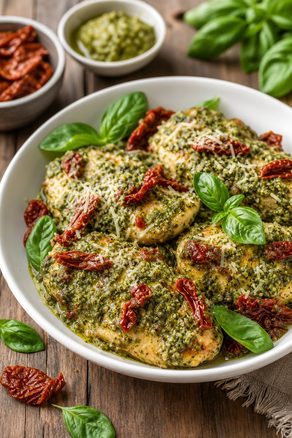22 Easy Instant Pot Chicken Recipes for Quick Family Dinners 19 A bowl of pesto chicken topped with sun-dried tomatoes and fresh basil on a wooden table.