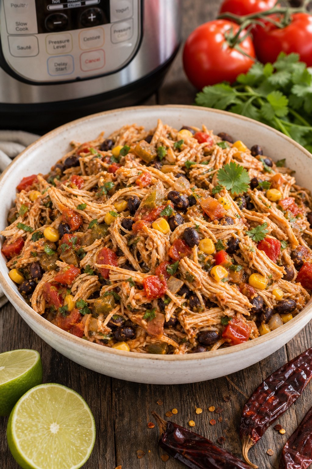 22 Easy Instant Pot Chicken Recipes for Quick Family Dinners 20 A bowl of shredded chicken enchilada filling with vegetables on a wooden table surrounded by fresh ingredients.