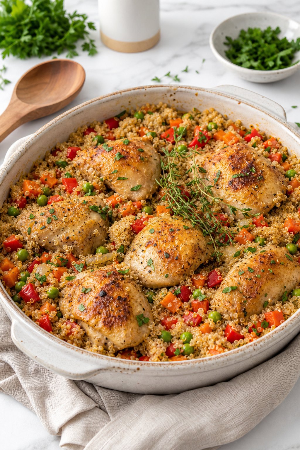 22 Easy Instant Pot Chicken Recipes for Quick Family Dinners 21 A ceramic dish of cooked chicken and quinoa casserole with vegetables on a kitchen countertop.