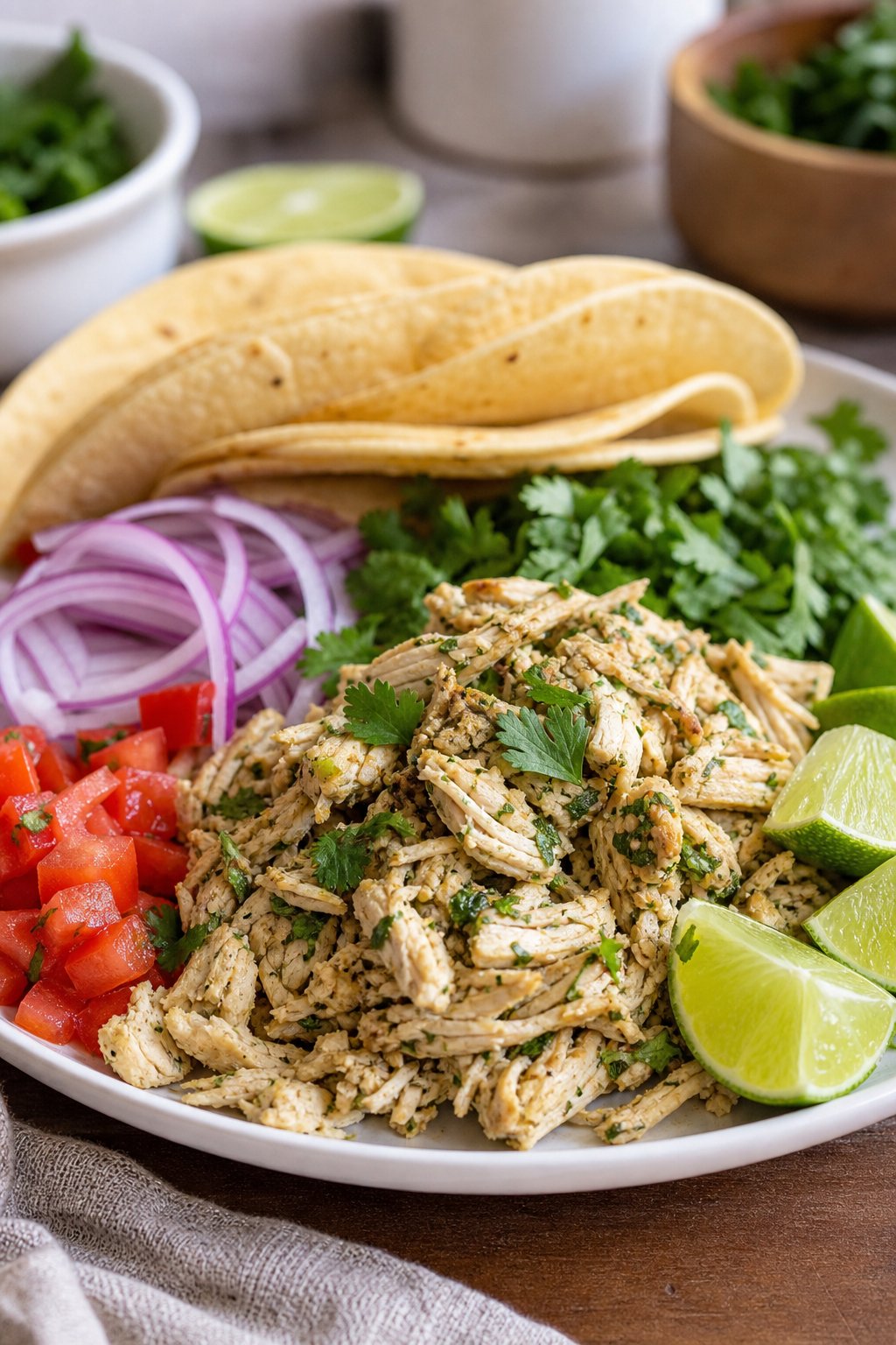 22 Easy Instant Pot Chicken Recipes for Quick Family Dinners 22 A plate of shredded cilantro lime chicken with fresh taco ingredients like tomatoes, onions, cilantro, lime wedges, and corn tortillas on a table.