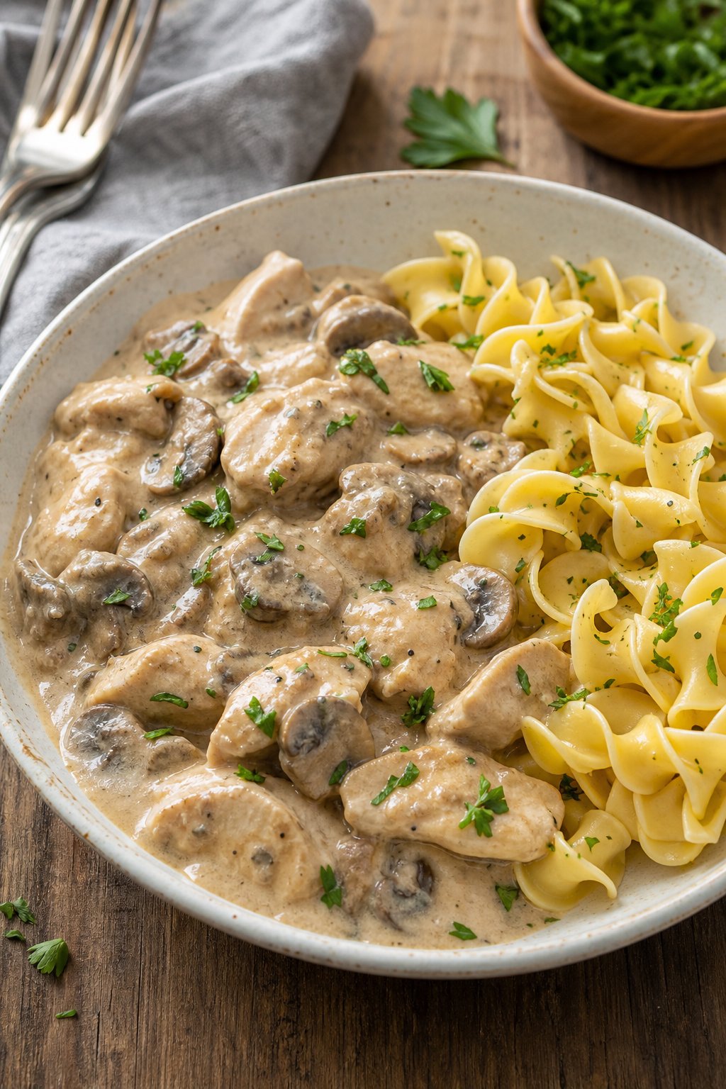 22 Easy Instant Pot Chicken Recipes for Quick Family Dinners 23 A bowl of creamy mushroom chicken stroganoff with egg noodles and parsley garnish on a wooden table.