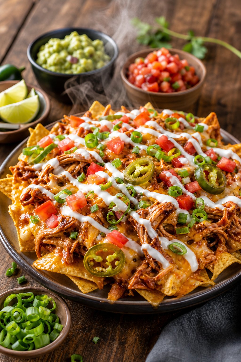 22 Easy Instant Pot Chicken Recipes for Quick Family Dinners 24 A plate of BBQ chicken nachos topped with cheese, tomatoes, jalapeños, green onions, and sour cream on a wooden table with small bowls of guacamole and salsa nearby.