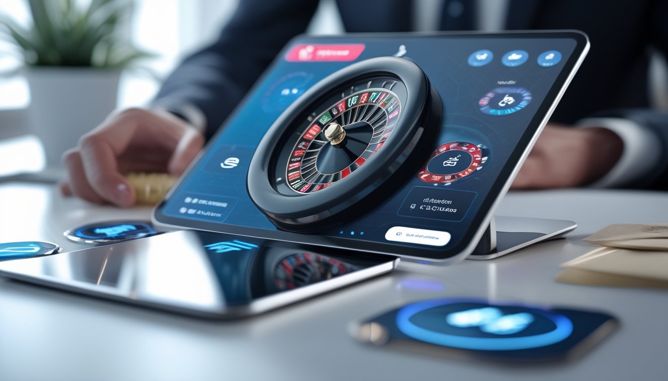 Layar perangkat menampilkan roda roulette digital dengan elemen yang menunjukkan transaksi cepat dan aman dalam taruhan online.