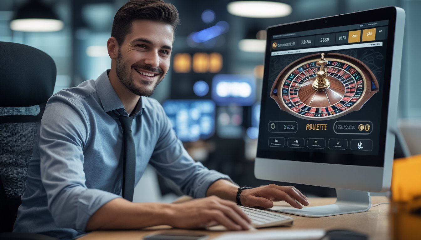 Seorang agen taruhan roulette online sedang bekerja di depan komputer dengan tampilan permainan roulette di layar dalam suasana kantor modern yang terang.