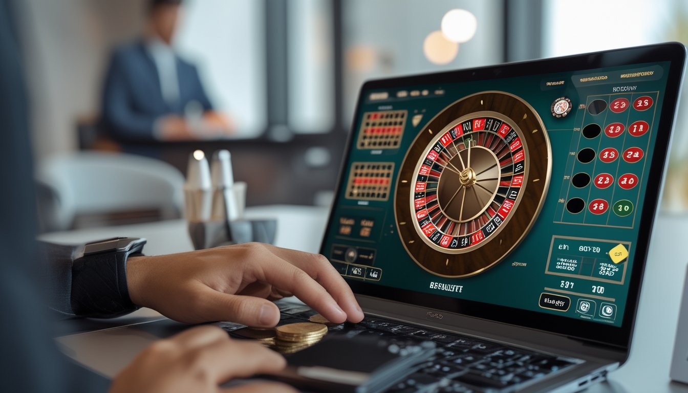 Seseorang menggunakan komputer dengan tampilan roda roulette Amerika online dan antarmuka taruhan digital di ruangan modern.