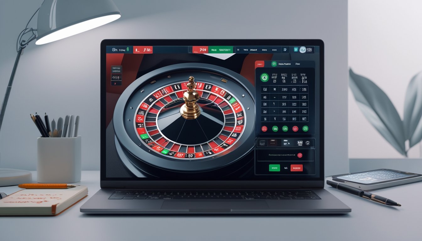 Seorang pemain menggunakan komputer untuk bermain roulette Amerika online dengan alat tulis dan ponsel di meja.