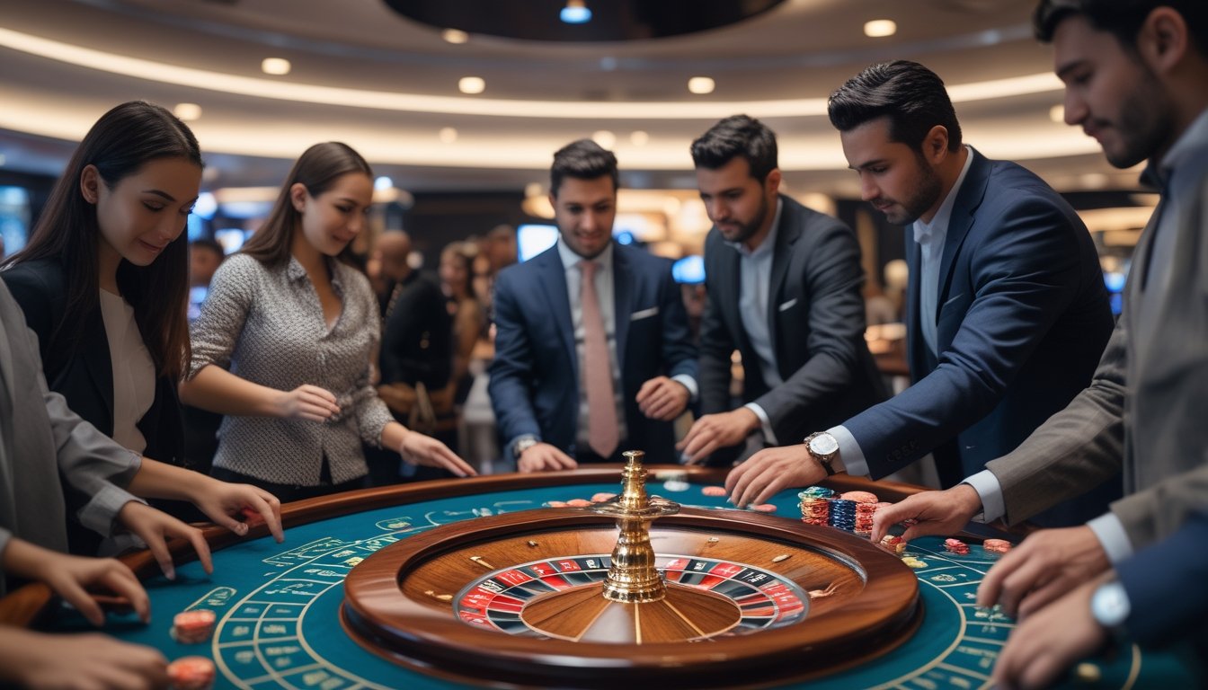 Beberapa orang bermain roulette di meja kasino dengan suasana yang cerah dan profesional.