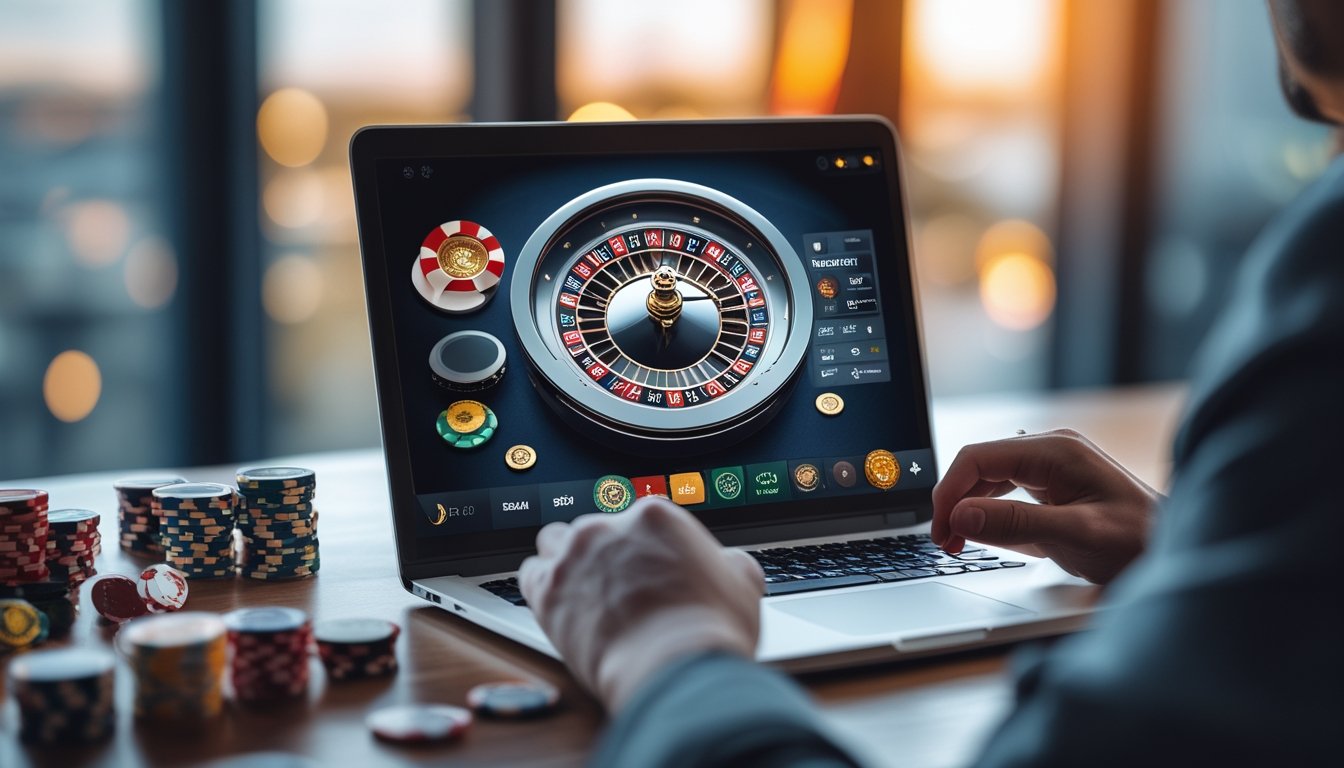 Seorang pemain yang fokus menggunakan komputer dengan tampilan permainan roulette online dan chip taruhan di meja.