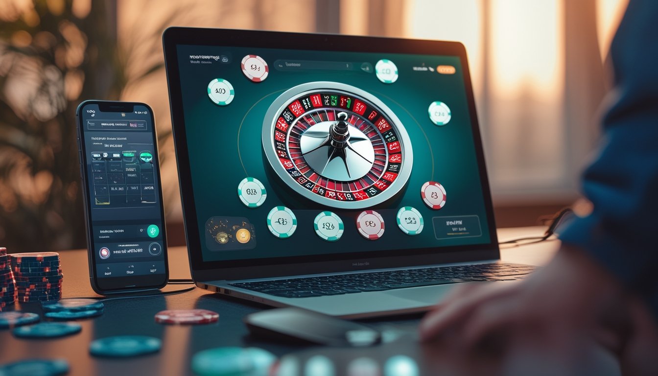 Tampilan komputer dengan permainan roulette Amerika online yang menampilkan roda roulette dan chip taruhan, dengan tangan pengguna siap memasang taruhan.