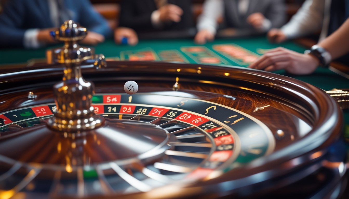 Meja permainan American Roulette dengan roda roulette dan chip taruhan di kasino mewah, beberapa pemain terlihat di latar belakang.