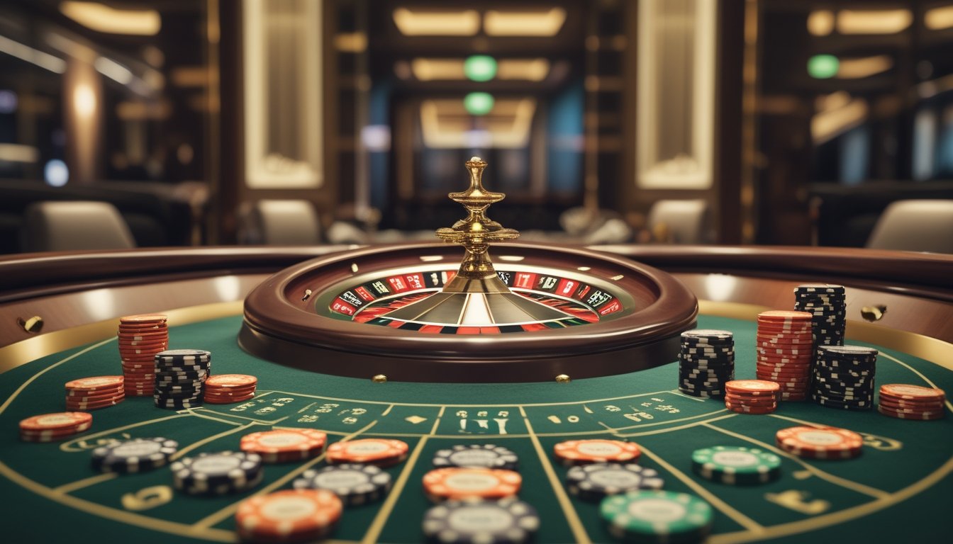 Meja roulette dengan roda berputar dan tumpukan chip taruhan di kasino mewah.