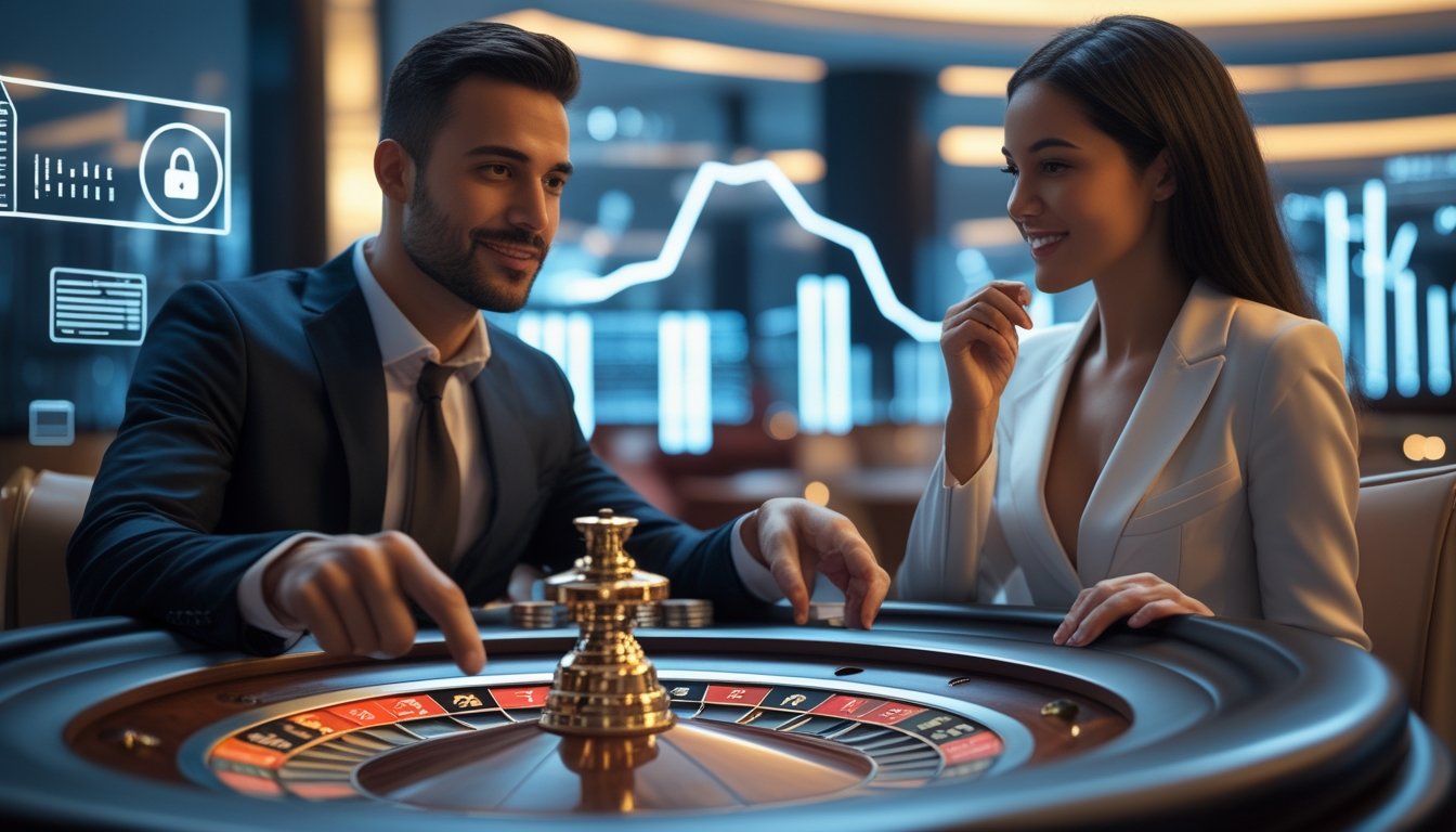 Seorang pria dan wanita duduk di meja roulette di kasino, tampak percaya diri dan fokus pada permainan.