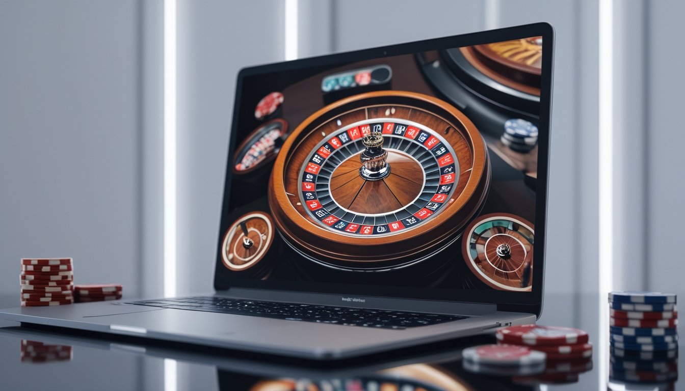 Sebuah komputer menampilkan roda roulette Amerika digital dengan chip virtual di sekitarnya dalam suasana kasino digital.