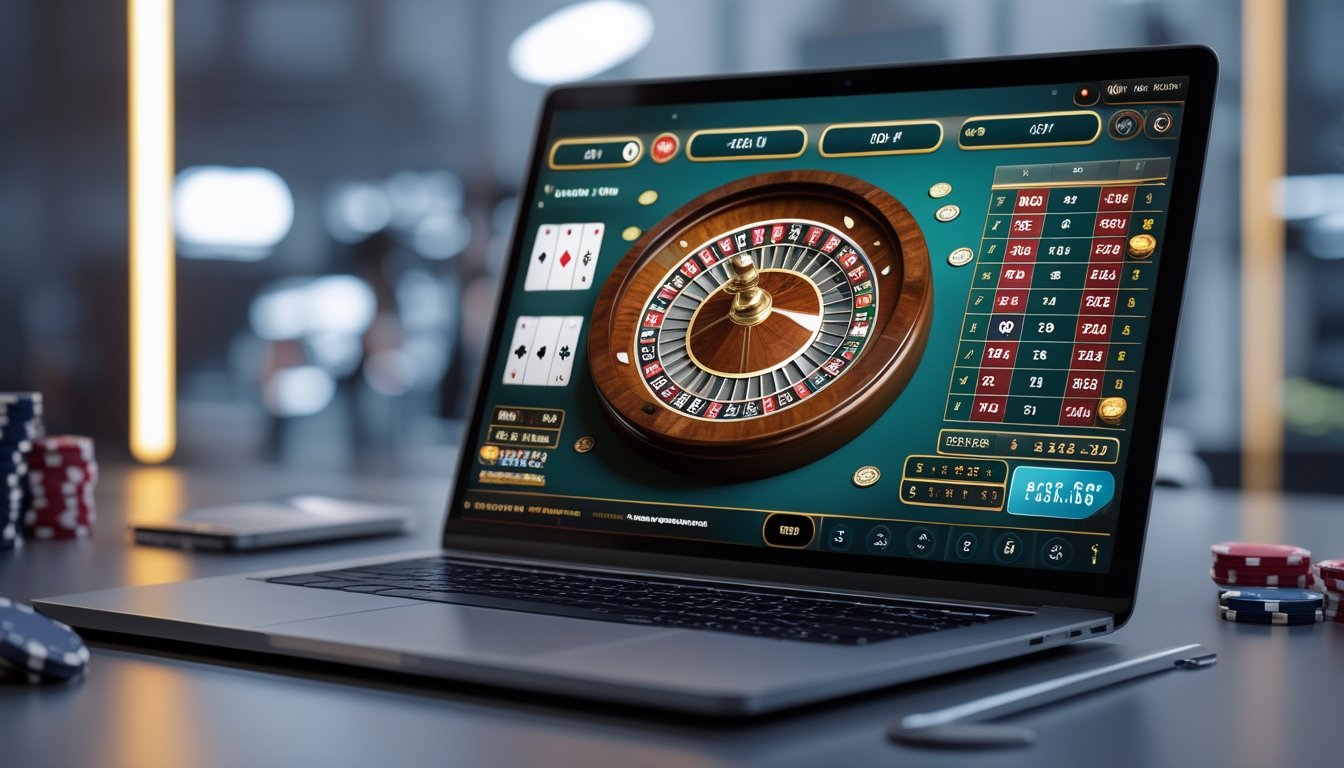 Layar laptop menampilkan permainan roulette Amerika online dengan roda roulette dan meja taruhan digital, dikelilingi oleh chip poker dan ponsel di atas meja.