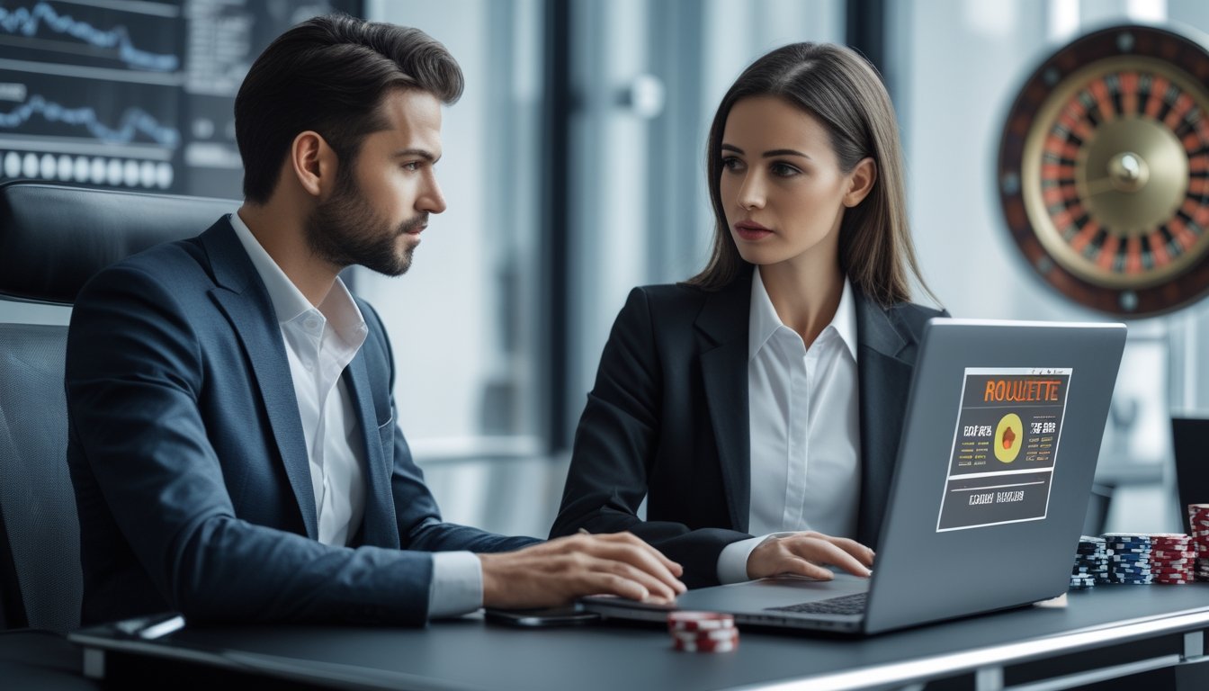 Dua orang profesional sedang berdiskusi di depan laptop dengan gambar roda roulette dan statistik taruhan di kantor modern.