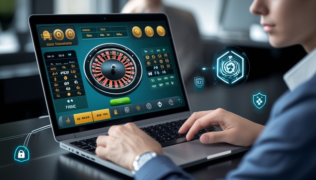 Seorang pengguna sedang menggunakan platform taruhan roulette online yang aman dan terpercaya di depan layar komputer di ruang kerja yang rapi.