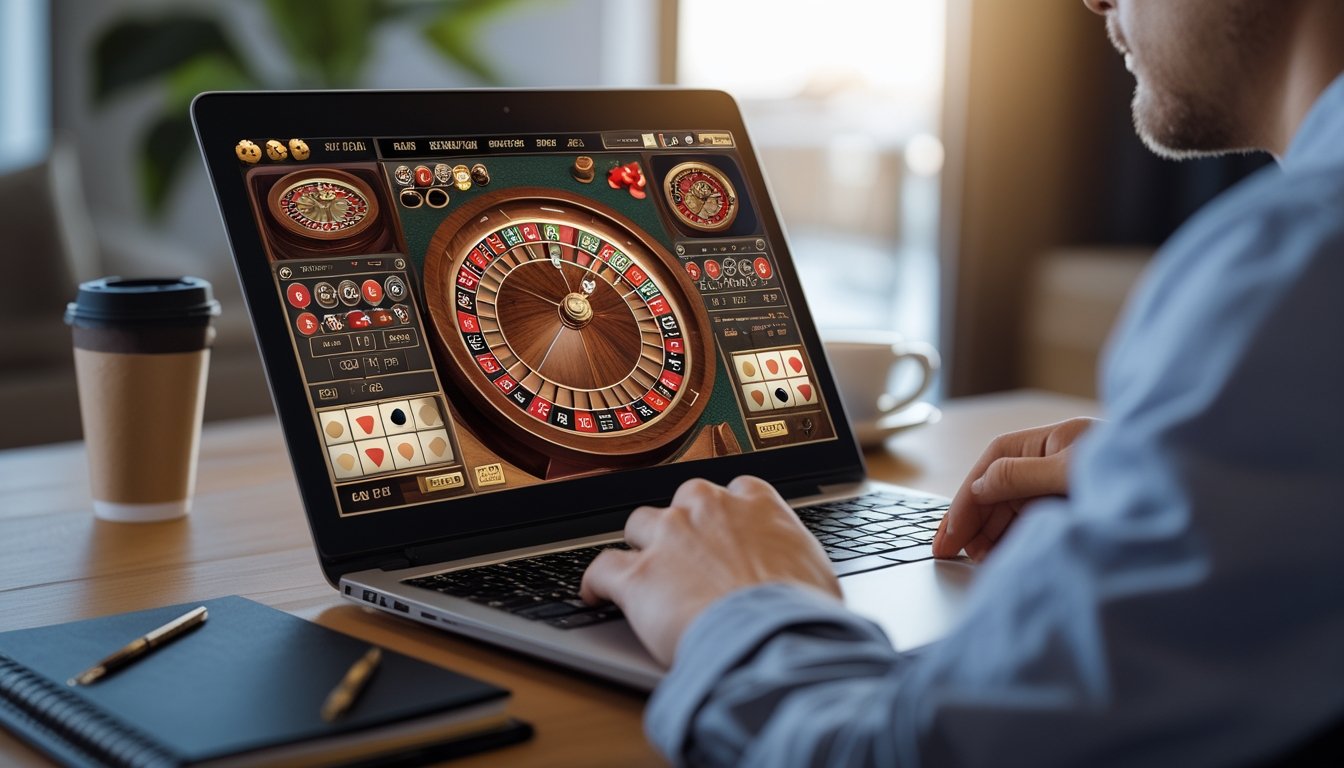 Seseorang sedang bermain roulette Amerika secara online dengan laptop di meja, fokus menganalisis strategi permainan.