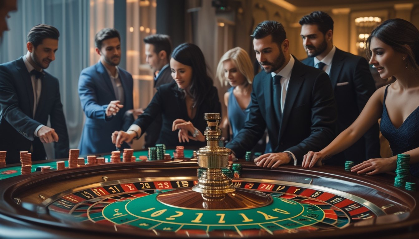 Meja roulette Amerika dengan pemain yang sedang fokus bermain di kasino mewah.