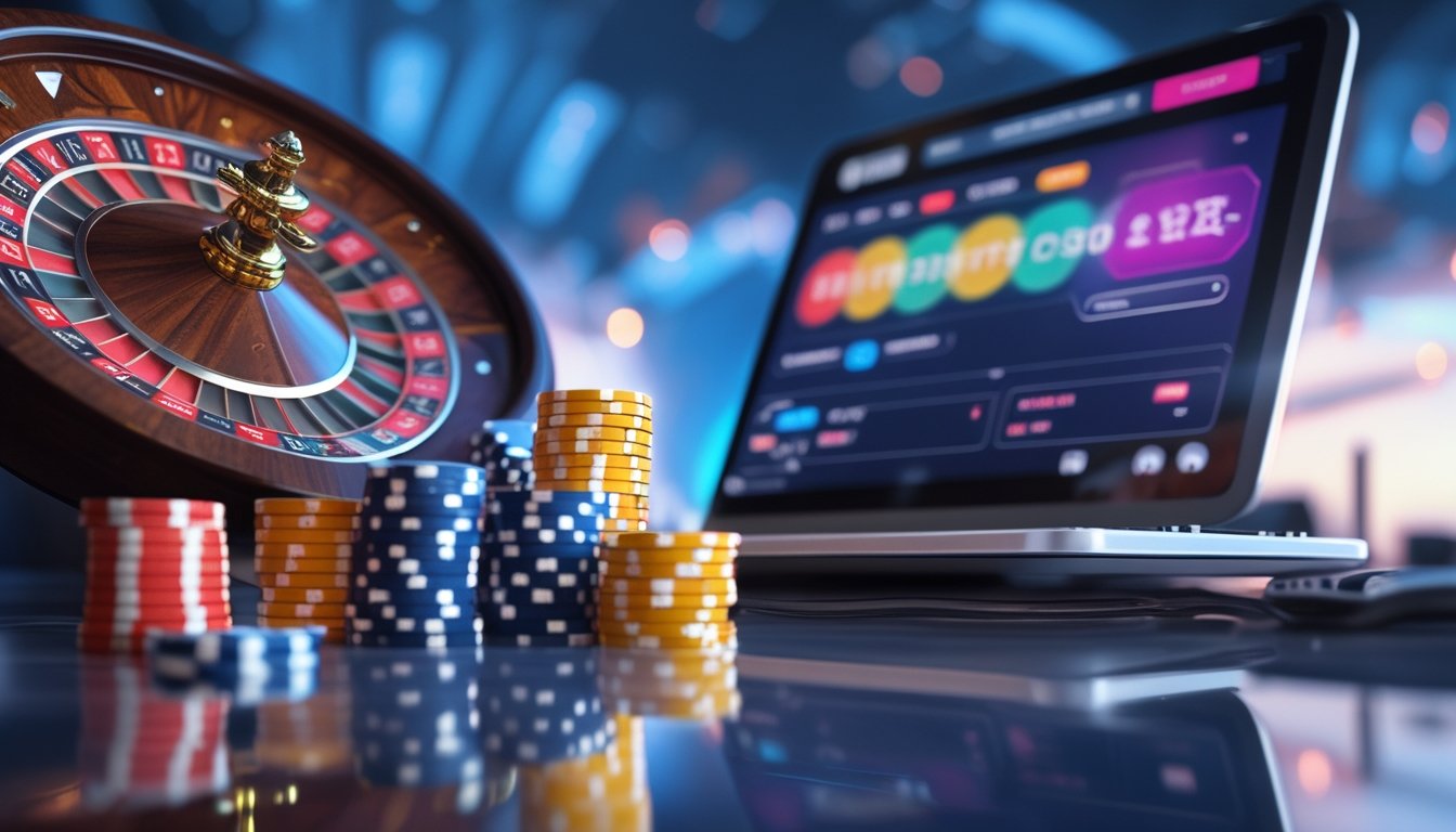 Tampilan dekat roda roulette yang berputar dengan chip kasino dan layar perangkat digital yang menunjukkan platform taruhan online.