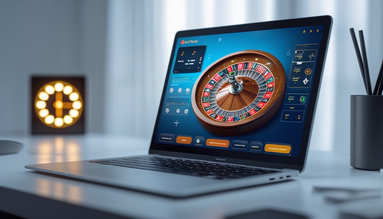 Sebuah laptop menampilkan roda roulette online dengan latar belakang bersih dan elemen yang menunjukkan transaksi 24 jam nonstop.