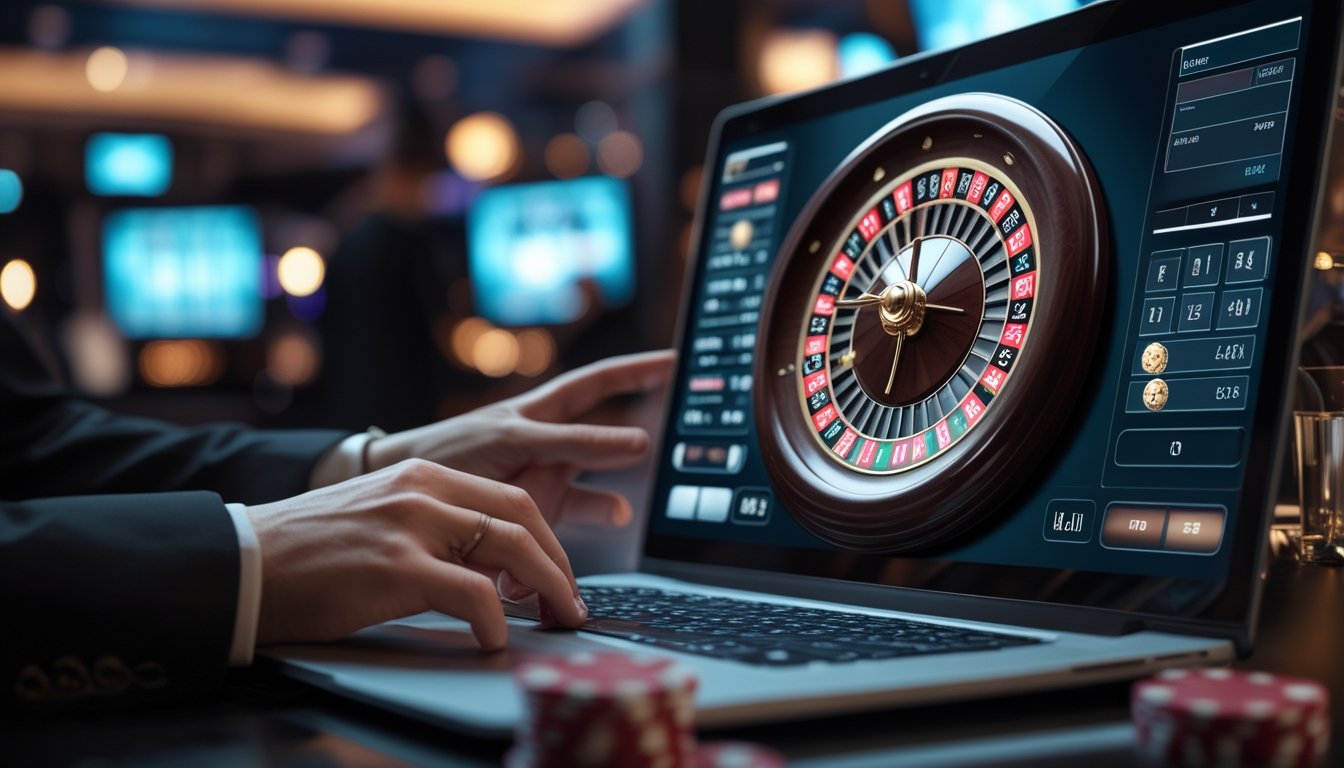 Sebuah layar komputer menampilkan permainan roulette Amerika online dengan roda roulette yang berputar dan chip taruhan di meja virtual dalam suasana kasino langsung.