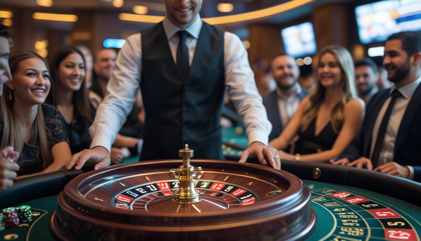 Seorang dealer di meja roulette Amerika dengan pemain yang antusias di kasino langsung.