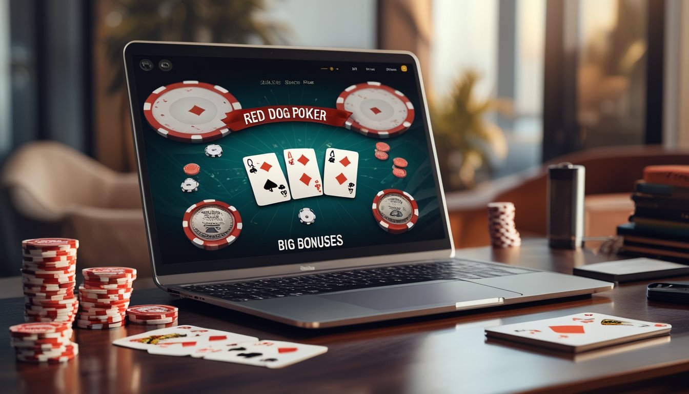 Suasana bermain poker online dengan laptop, kartu remi, dan tumpukan chip di meja dalam ruangan yang nyaman.