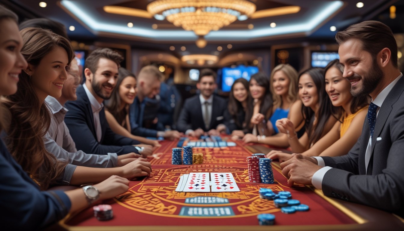 Meja poker dengan kartu dan chip, beberapa pemain sedang bermain di dalam ruangan kasino yang mewah.