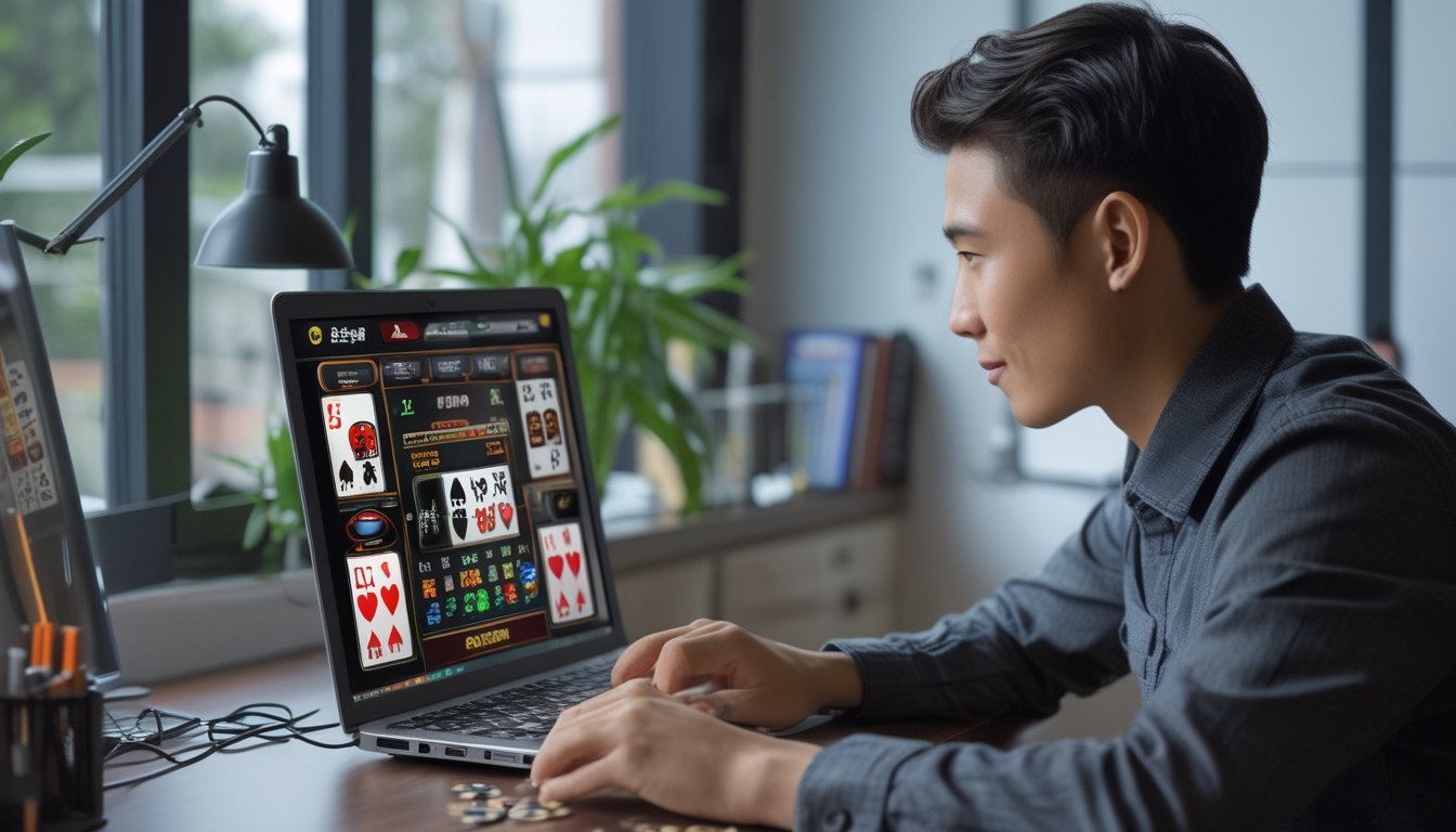 Seorang pemula sedang belajar bermain Red Dog Poker dan Pai Gow Poker online di depan laptop di ruang kerja rumah.