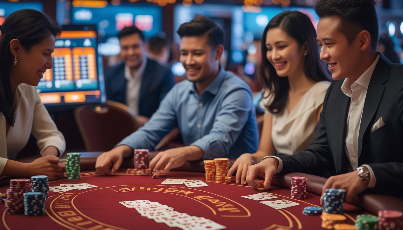Beberapa pemain duduk di meja poker dengan kartu dan chip, sedang bermain permainan Red Dog Poker dan Pai Gow Poker di suasana kasino yang nyaman.