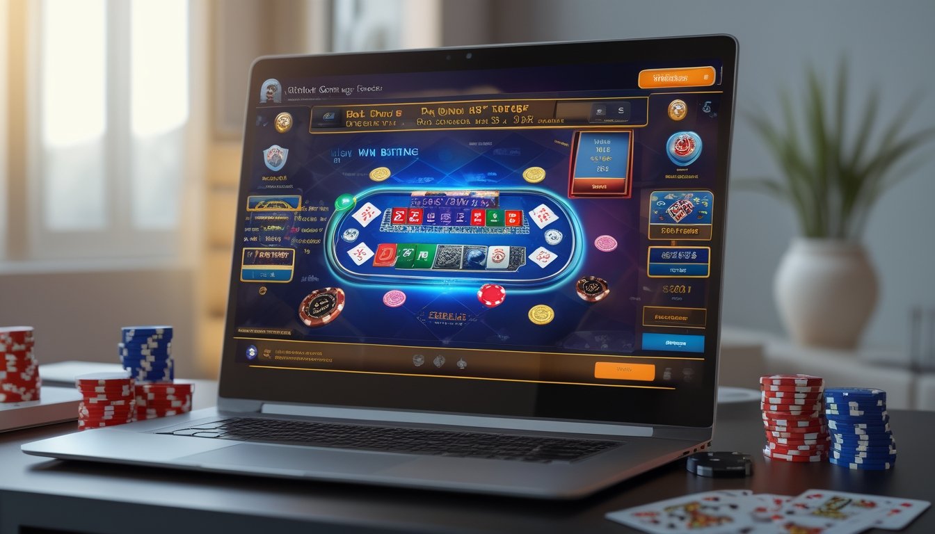 Seorang pemain menggunakan komputer dengan tampilan permainan poker online dan chip poker di meja.