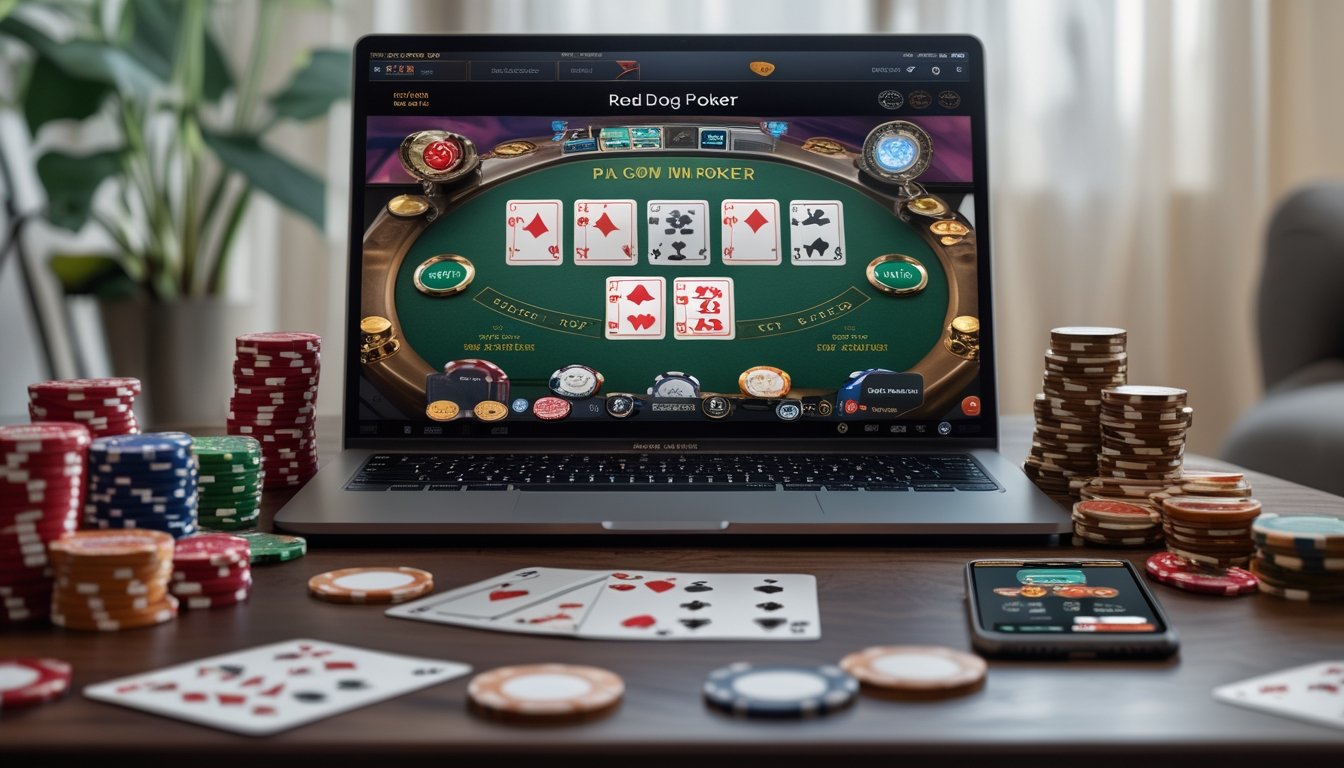 Seorang pemain duduk di depan laptop dengan layar menampilkan permainan Red Dog Poker dan Pai Gow Poker, dikelilingi oleh tumpukan chip poker dan kartu remi di atas meja kayu.