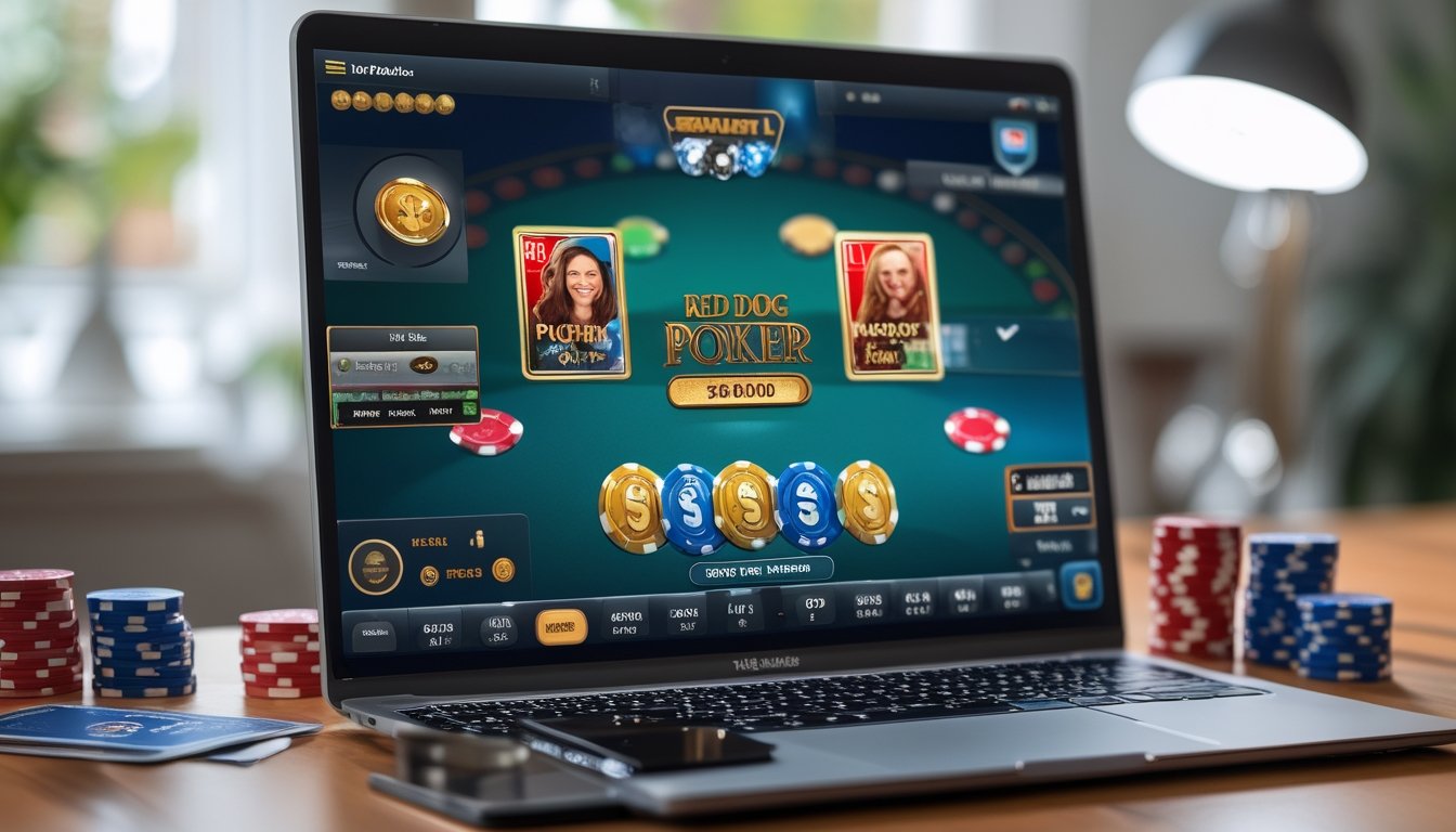 Seorang pemain duduk di depan laptop dengan kartu remi dan chip poker di meja, menunjukkan suasana bermain poker online.