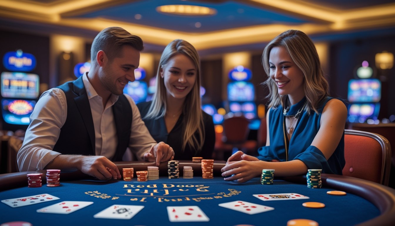 Meja poker dengan kartu dan chip, beberapa pemain sedang bermain dengan fokus di suasana kasino yang elegan.