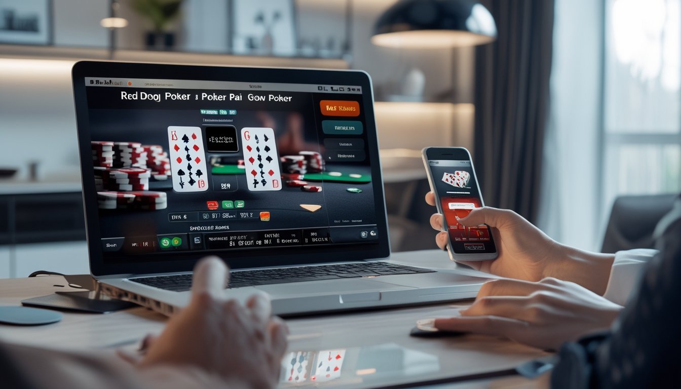 Orang bermain poker online menggunakan laptop dan ponsel di ruangan yang nyaman dan terang dengan chip taruhan dan kartu poker terlihat jelas.