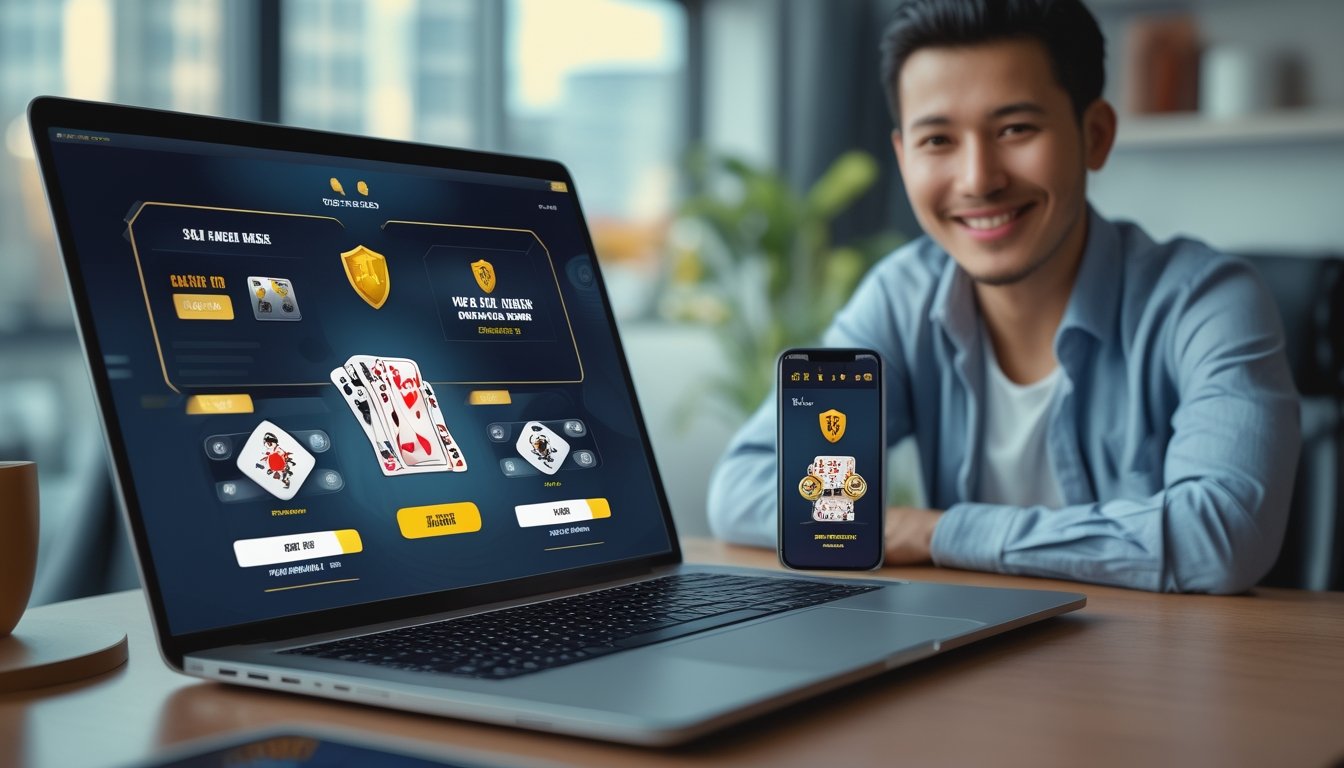 Seorang pria tersenyum di depan laptop dan ponsel yang menampilkan permainan poker online dengan simbol keamanan di layar.