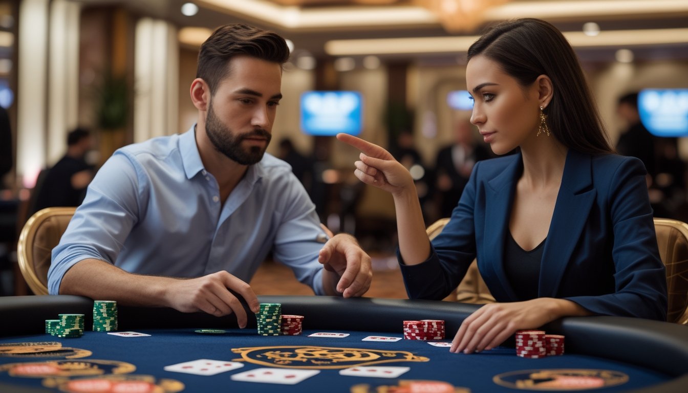 Dua pemain poker sedang duduk di meja poker dengan kartu dan chip, fokus bermain dalam suasana kasino.